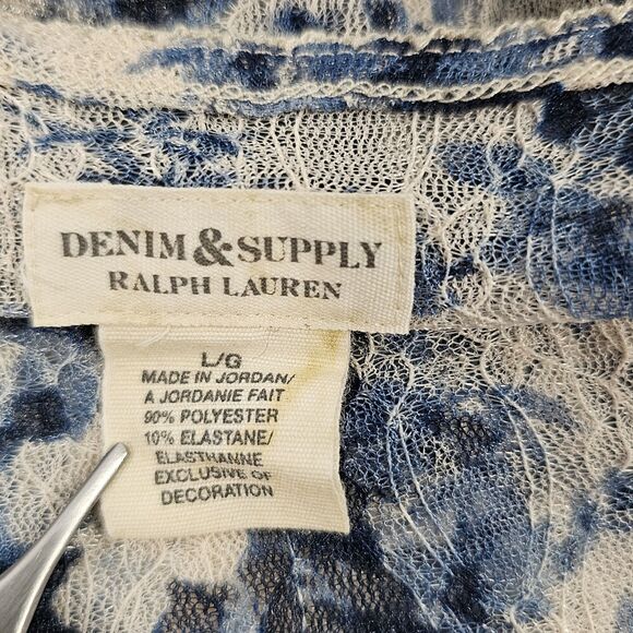 Y2K Denim & Supply Ralph Lauren Blue Floral Lace Henley Top L Long Sleeve Boho - Picture 3 of 6